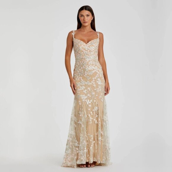 NWT Mac Duggal Floral Embroidered Tulle Trumpet Gown Nude Multi 14 #9507 - Picture 1 of 8